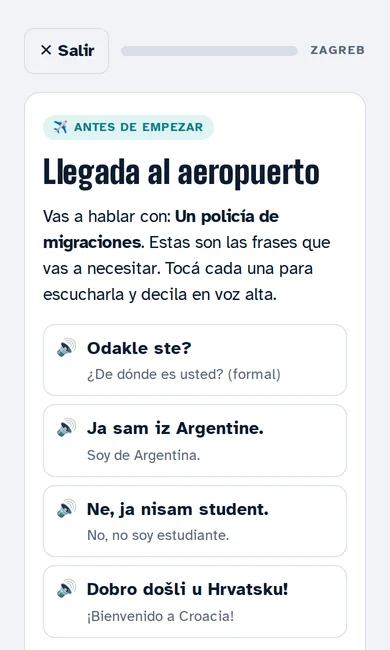 Situación «Llegada al aeropuerto» con frases en croata y su traducción